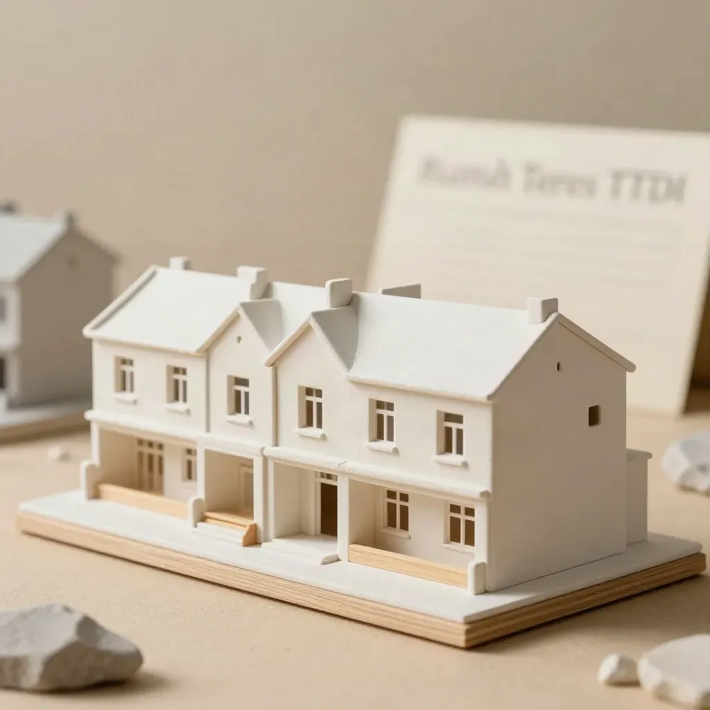 Model rumah teres plaster TTDI di atas kayu pucat, cahaya siang lembut, suasana tenang dan premium.
