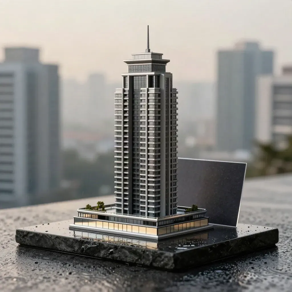 Miniatur Pavilion Hilltop Mont Kiara di atas batu hitam basah dengan kabus bandar
