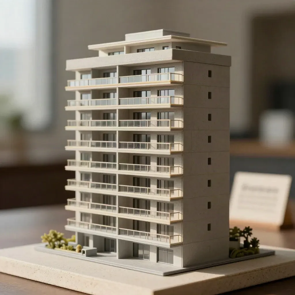 Model servis apartmen Bangsar dengan balkoni berlapis dan cahaya lembut.