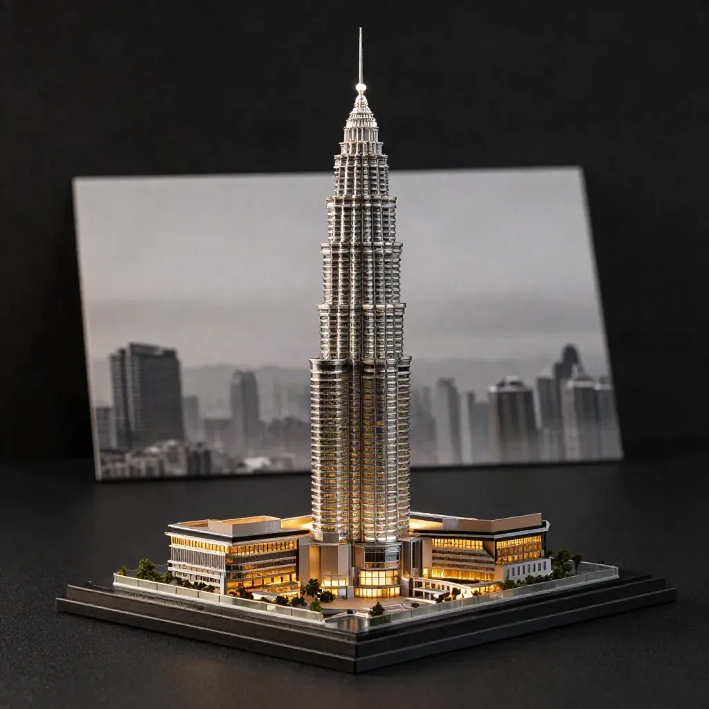Model menara penthouse KLCC dengan teres melingkar di atas tapak gelap.