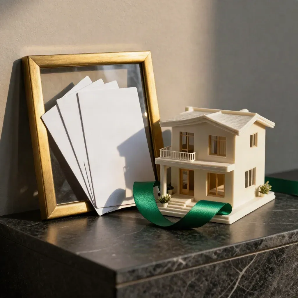 Model rumah, bingkai loyang dan reben hijau zamrud di atas latar gelap sinematik.