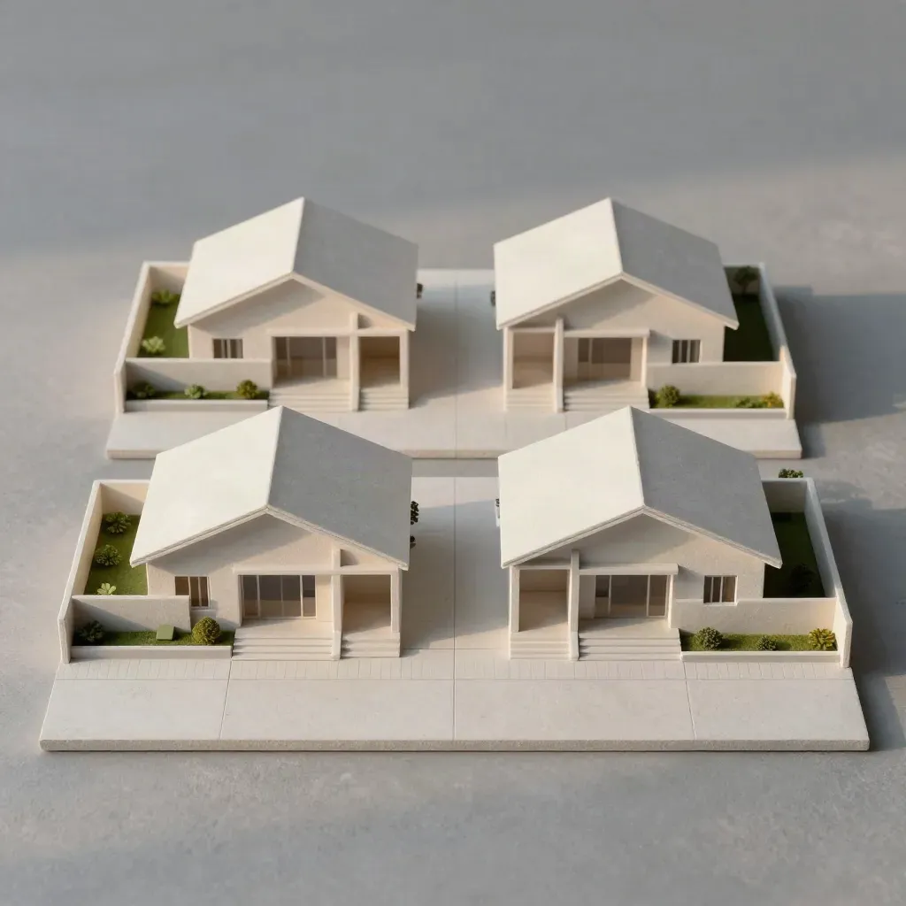 Model rumah berkembar Shah Alam di atas permukaan plaster, susun atur kemas dengan aksen hijau zamrud.